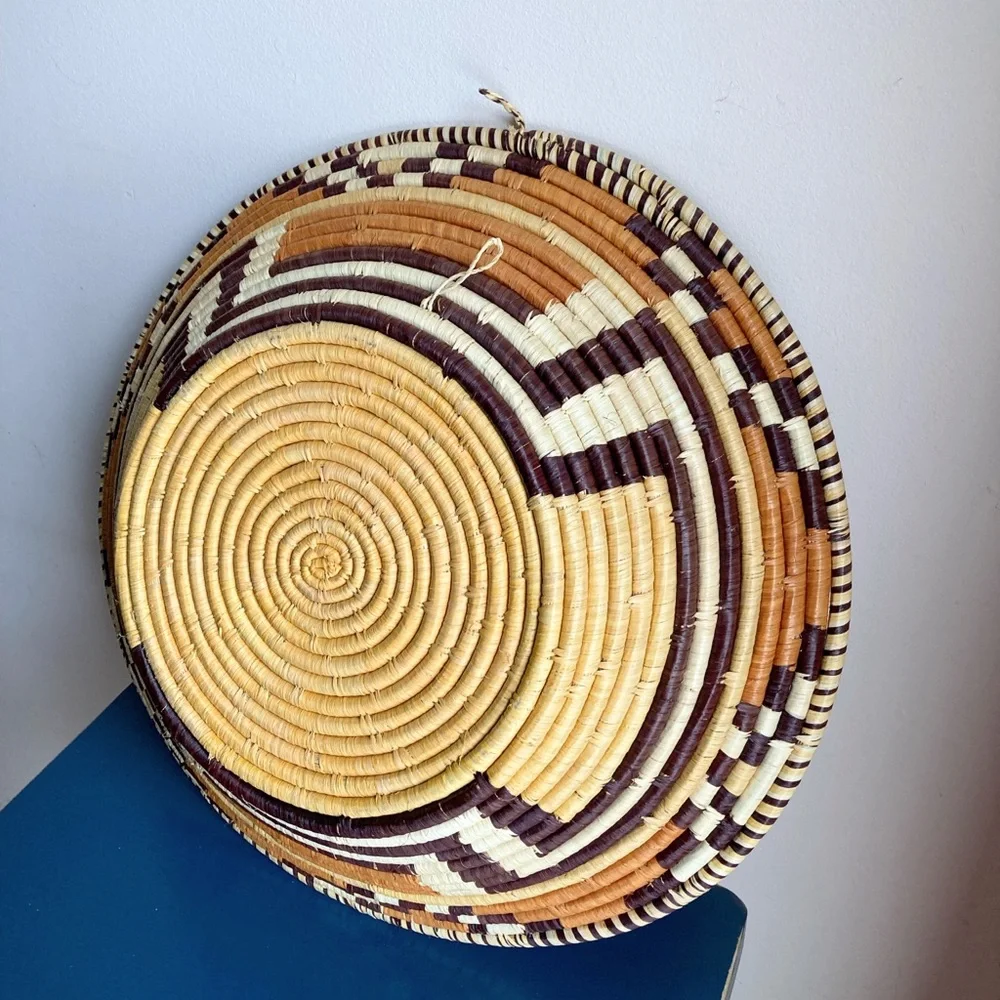 Vintage Large 18” African Handwoven Basket Wall Hanging Decor Geometric Design